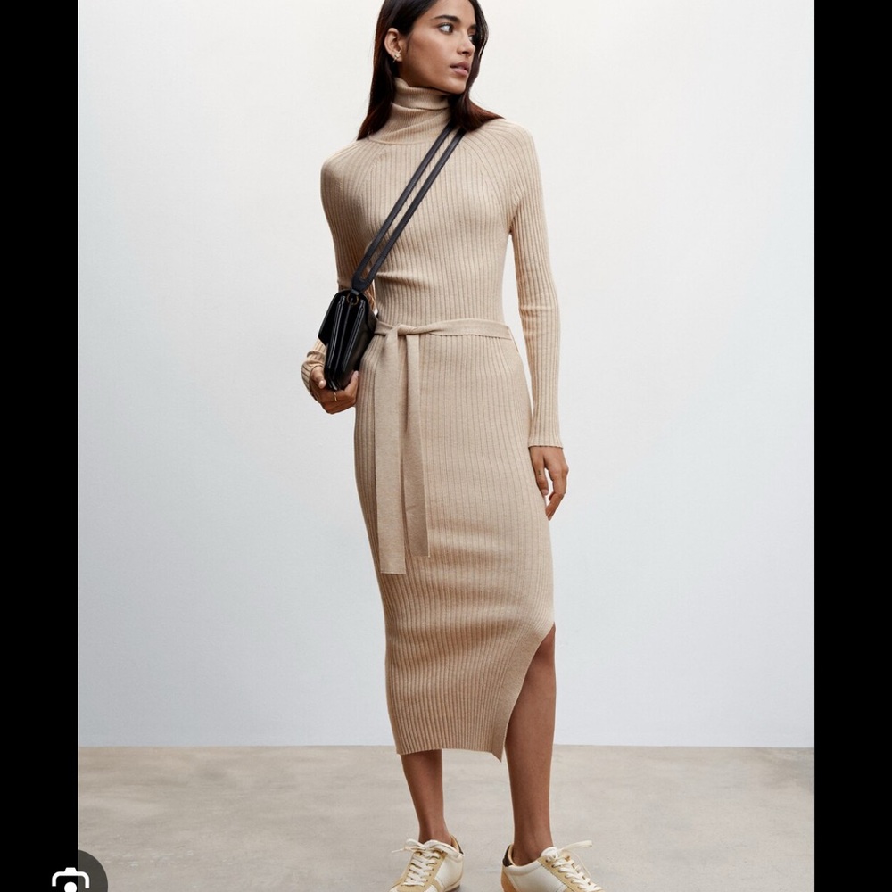 Beige Ribbed Knit Dress with Knot
